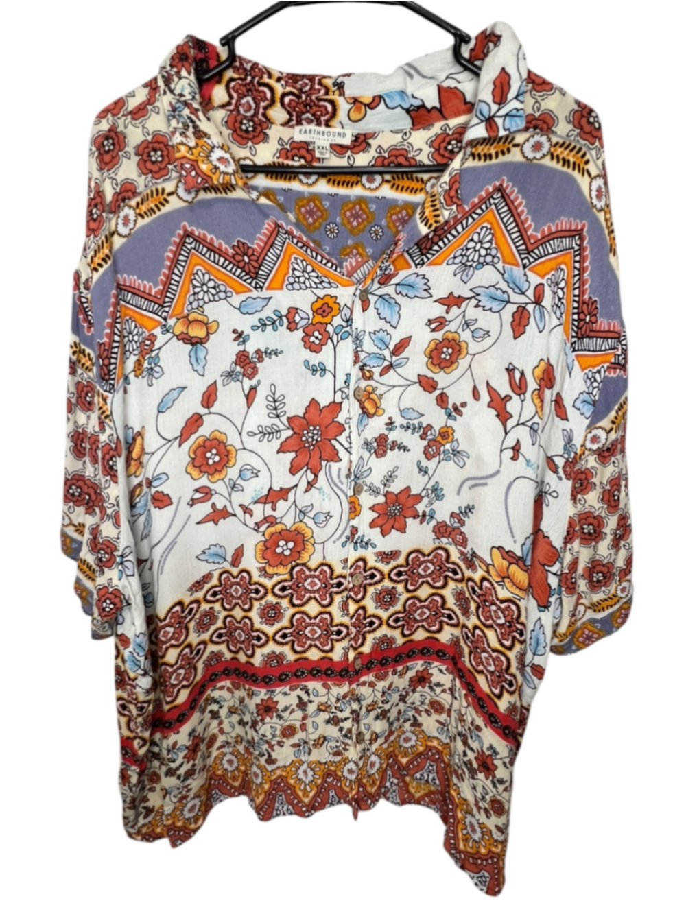 Earthbound Multicolor Boho Floral Paisley Lightweight Hippie Button Up Shirt